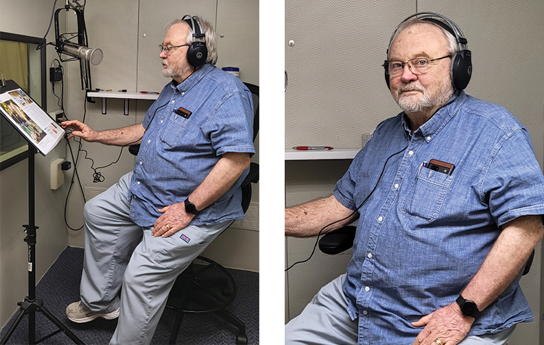 Two images of a volunteer. One is him ready into the microphone and the other is him smiling for the camera